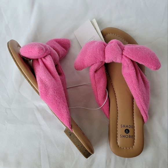 Shade & Shore Shoes - Shade & Shore Tulip Pink Fuzzy Bow Terry Cloth Slide Flip Flop Sandals